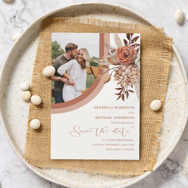 Reserve A Data Casamento Floral Boho Laranja Queimado e Grama de  (Criador carregado)
