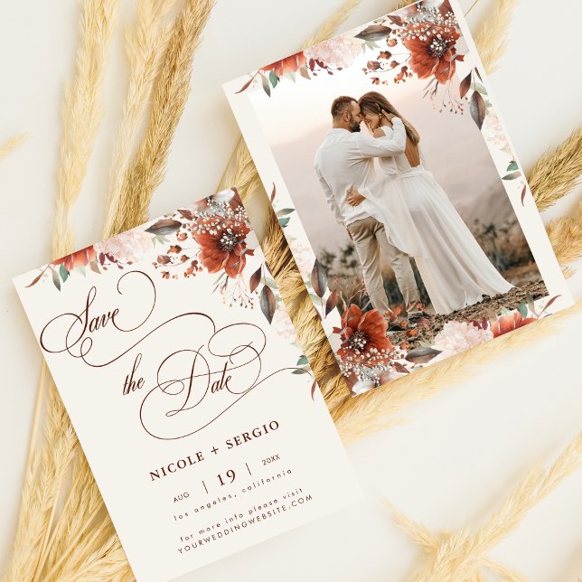 Reserve A Data Casamento Floral Boho Outono Elegante Script & Fot (Criador carregado)