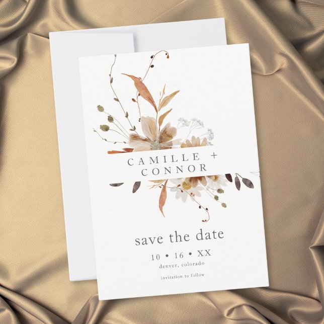 Reserve A Data Casamento Floral Boho Outono Neutro Rústico (Boho Fall Floral Neutral Rustic Wedding Save The Date)