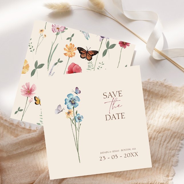 Reserve A Data Casamento Floral Borboleta Simples Flor de Campo A (Simple Blue Wildflower Butterflies Floral Wedding Save The Date)