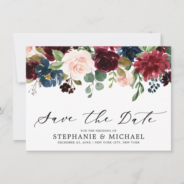 Reserve A Data Casamento Floral Botânico Azul-Marinho Blush (Frente)