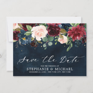 Reserve A Data Casamento Floral Botânico Azul-Marinho Blush