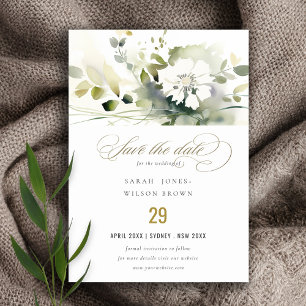 Reserve A Data Casamento Floral Branco Abstrato Verde do Modern B