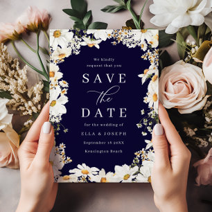 Reserve A Data Casamento Floral Branco Deslumbrante e Azul Marinh