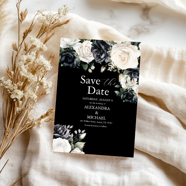 Reserve A Data Casamento Floral Branco e Negro Moderno (Criador carregado)