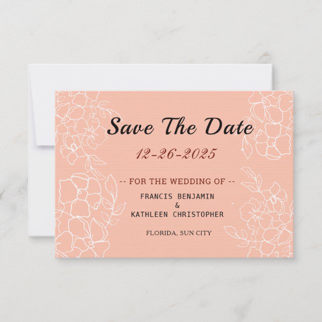 Reserve A Data Casamento Floral Branco Moderno Coral (Frente)