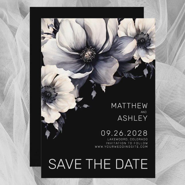 Reserve A Data Casamento Floral Branco Negro e Elegante Moderno (Modern Elegant Black White Floral Wedding Save the Date)