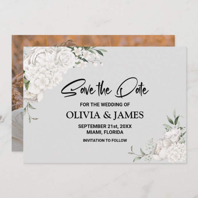 Reserve A Data Casamento Floral Branco Personalizado (Frente/Verso)
