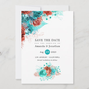 Reserve A Data Casamento Floral Brilho Turquesa e Coral