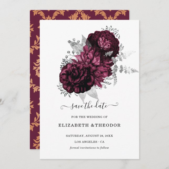 Reserve A Data Casamento Floral Burgundy com detalhes de Damask (Frente/Verso)