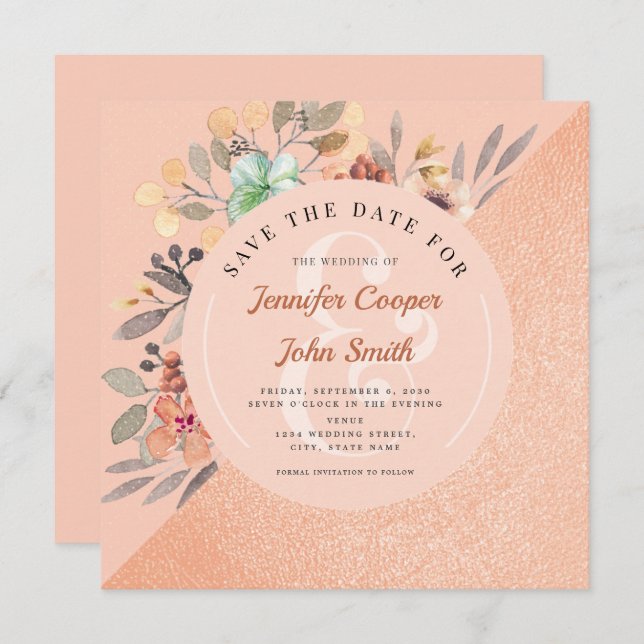 Reserve A Data Casamento Floral Chic Copper Watercolor (Frente/Verso)
