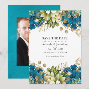 Reserve A Data Casamento Floral Chic Turquesa e Dourado Vintage