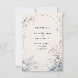 Reserve A Data Casamento Floral Chinoiserie Azul Rosa