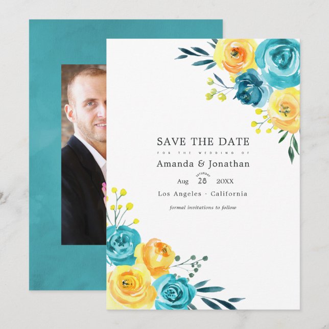 Reserve A Data Casamento Floral com Aquarela Turquesa e Amarela (Frente/Verso)