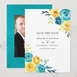 Reserve A Data Casamento Floral com Aquarela Turquesa e Amarela