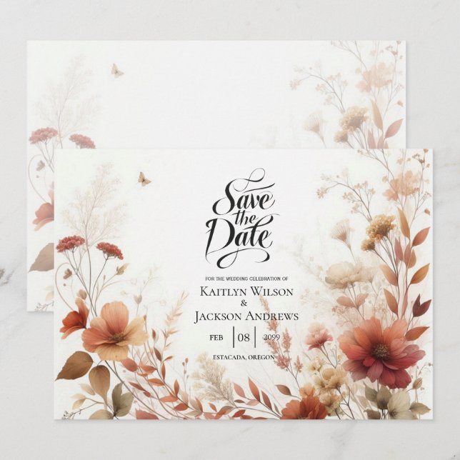 Reserve A Data Casamento Floral com Borboletas Boho Browns (Frente/Verso)
