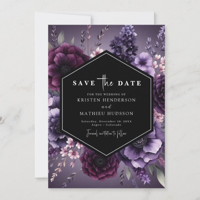 Reserve A Data Casamento Floral com Púrpura Chic Moderna (Frente)