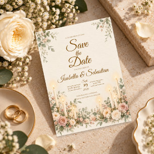Reserve A Data Casamento Floral Cor-de-Rosa com Velas Elegantes