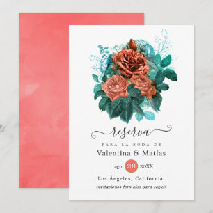 Reserve A Data Casamento Floral Coral e Turquesa Espanhol