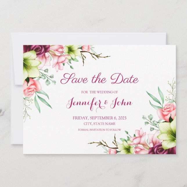 Reserve A Data Casamento Floral de Amaryllis Vermelha com Aquarel (Frente)