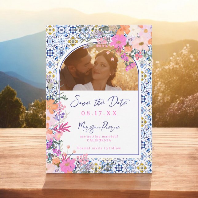 Reserve A Data Casamento floral de azulejos azuis italianos (Italian blue tiles watercolor floral wedding save the date)