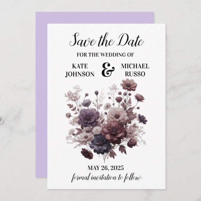 Reserve A Data Casamento Floral de Blush Roxo Elegante (Frente/Verso)