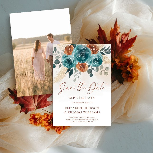 Reserve A Data Casamento Floral de Boho Terracotta Salvar Data (fall wedding save the date engagement photo teal burnt orange terracotta watercolor greenery foliage)