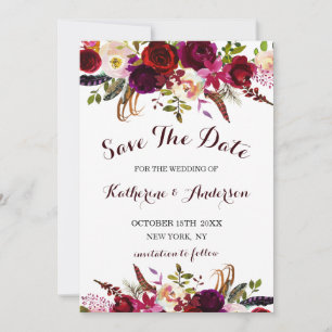 Reserve A Data Casamento Floral de Burgundy Marsala Salvar a Data