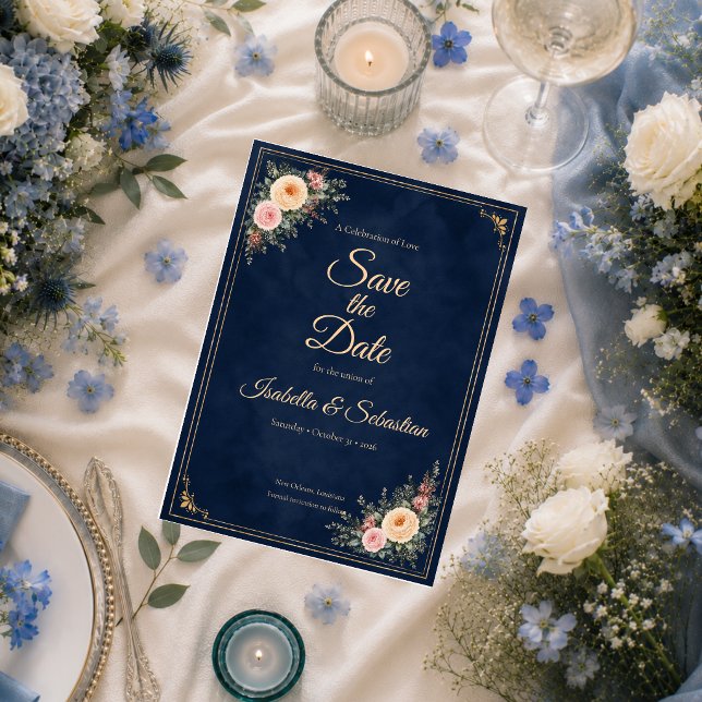 Reserve A Data Casamento Floral de Canto em Azul Marinho Elegante (Criador carregado)
