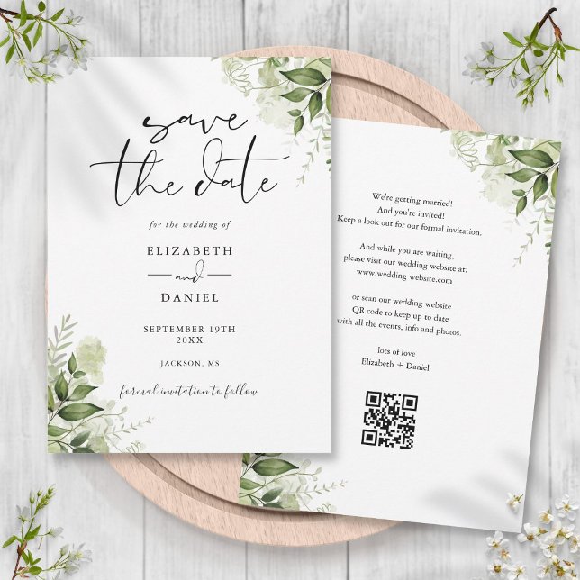 Reserve A Data Casamento Floral de Código QR de Vegetação Rústica (Rustic Greenery Floral QR Code Wedding Save The Date)
