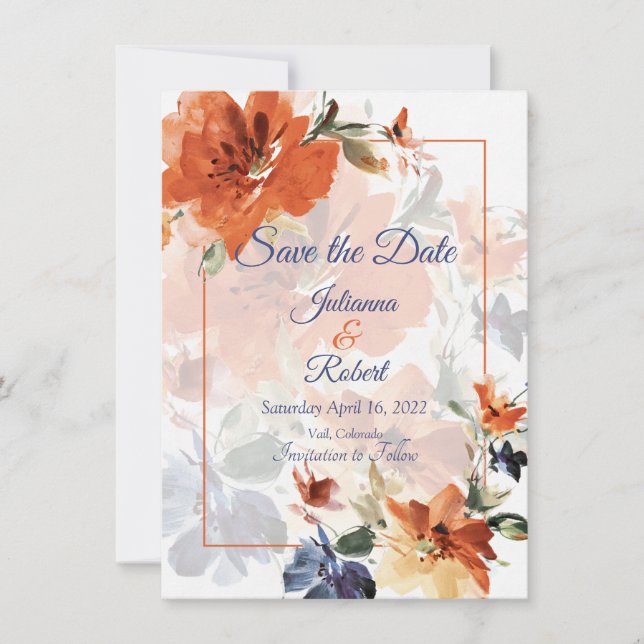 Reserve A Data Casamento floral de cor laranja e azul (Frente)