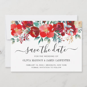 Reserve A Data Casamento Floral de Feriado Vermelho Moderno Holly
