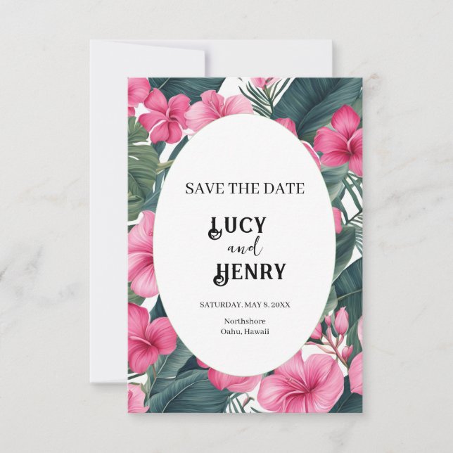 Reserve A Data Casamento Floral de Férias Rosa Tropical (Frente)