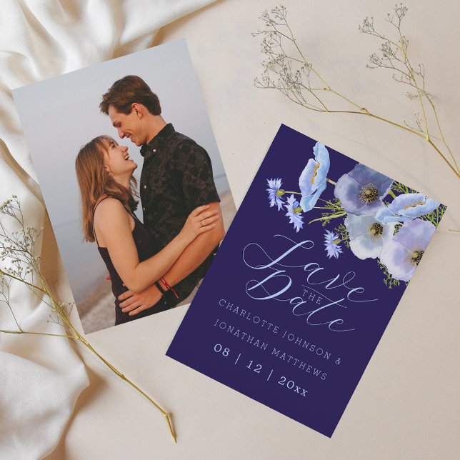 Reserve A Data Casamento Floral de Flores Silvestres Azul Marinho (Modern photo wildflower bouquet watercolor blue floral navy blue wedding save the date invitation)