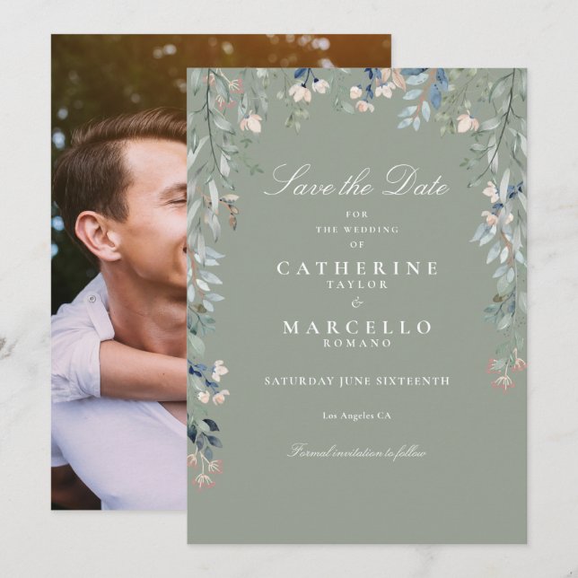 Reserve A Data Casamento Floral de Foto de Sage Green Wildflower (Frente/Verso)