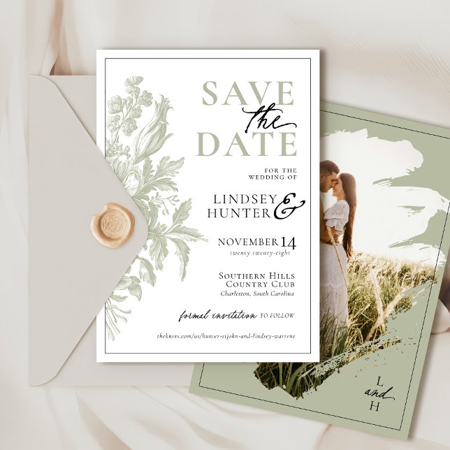 Reserve A Data Casamento Floral De Foto Do Elegante Sage Green Vi (Elegant sage green and black vintage floral botanical minimalist classic photo wedding save the date)