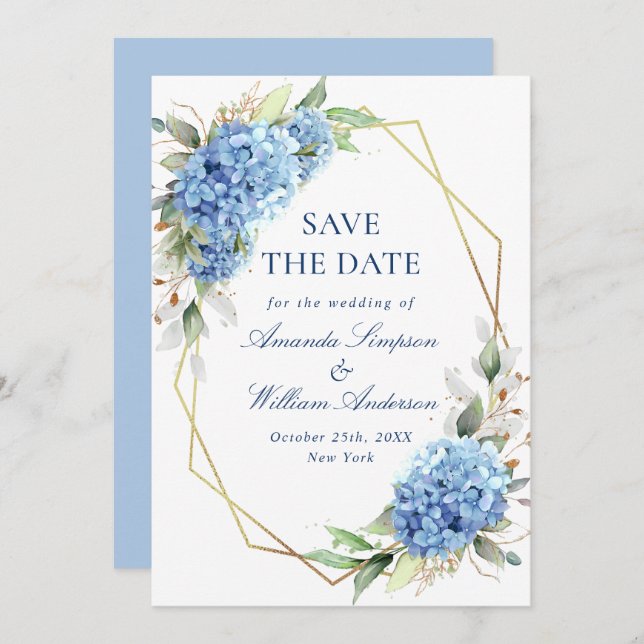 Reserve A Data Casamento Floral de Hydrangea Azul Elegante (Frente/Verso)