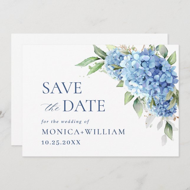 Reserve A Data Casamento Floral de Hydrangea Azul Elegante (Frente/Verso)