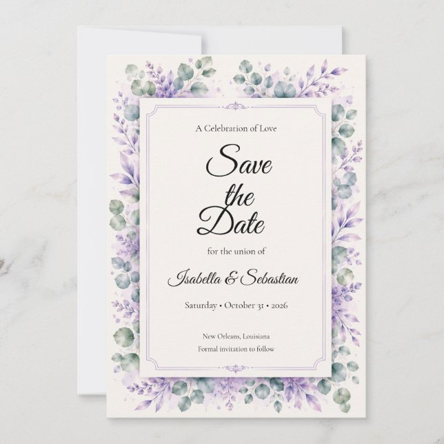 Reserve A Data Casamento Floral de Lavanda Etérea (Frente)