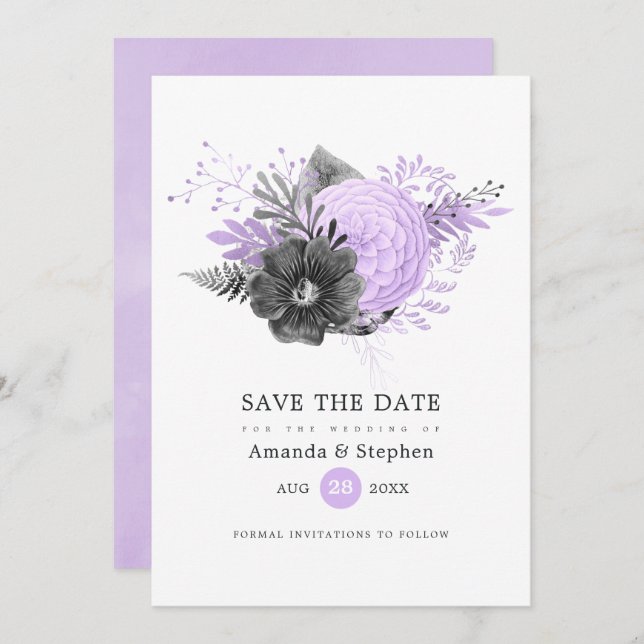 Reserve A Data Casamento Floral de Lilac e Carvões (Frente/Verso)