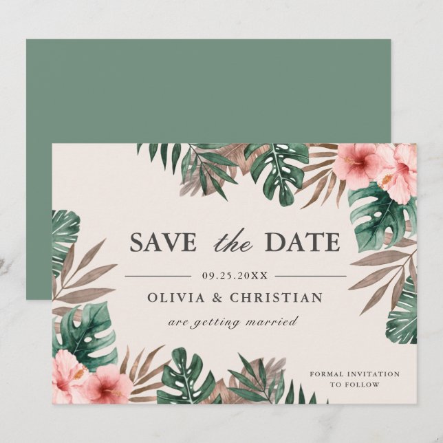 Reserve A Data Casamento Floral de Monstera Verde Tropical (Frente/Verso)