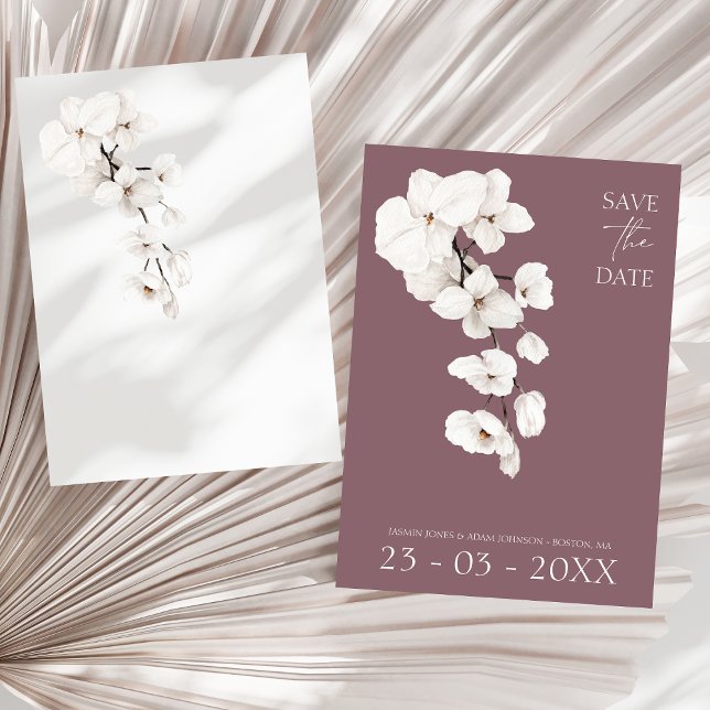 Reserve A Data Casamento Floral de Orquídea Branca Roxa Moderna (Modern Purple White Orchids Flowers Wedding Save The Date)
