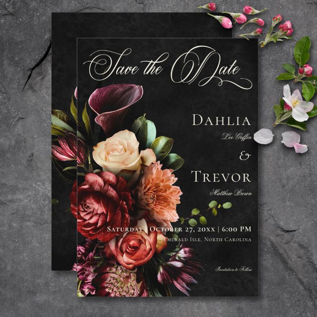 Reserve A Data Casamento Floral de outono de Escuro Elegante (Dark Elegant Autumn Floral Wedding Save The Date Card)