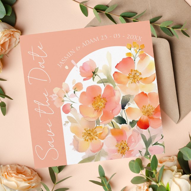 Reserve A Data Casamento Floral de Peach Laranja de Arca Moderna (Criador carregado)