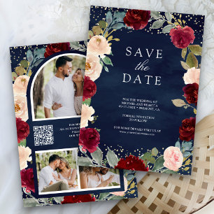 Reserve A Data Casamento Floral de Pêssego Borgonha com Código QR