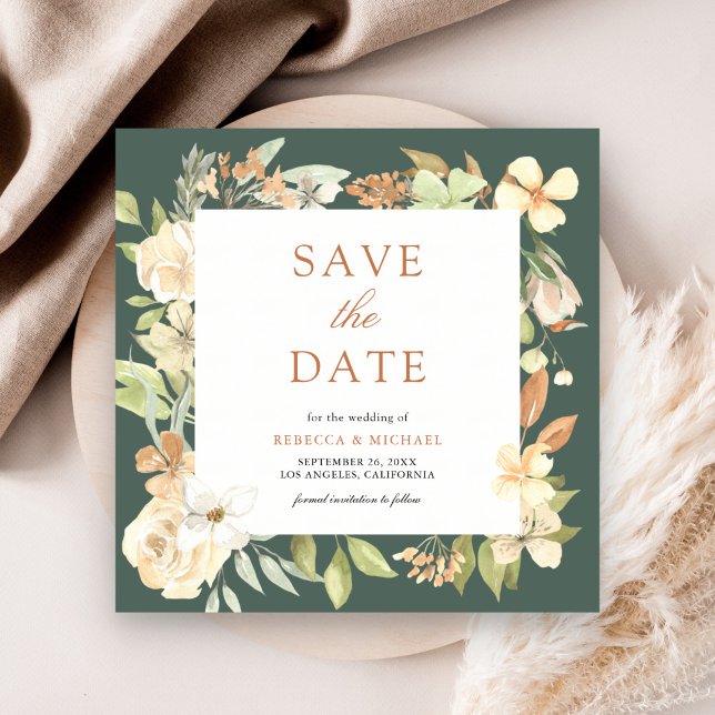Reserve A Data Casamento Floral de Pêssego Macio Terroso em Verde (Criador carregado)