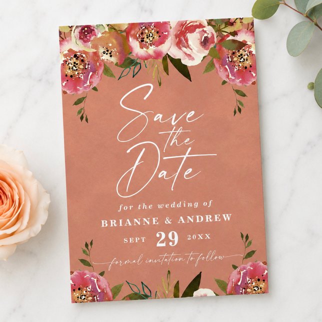 Reserve A Data Casamento Floral de Pêssego Rústico Chic Florido (Rustic peach floral save the date cards)