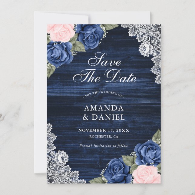 Reserve A Data Casamento Floral de rendas de madeira azul-Marinho (Frente)