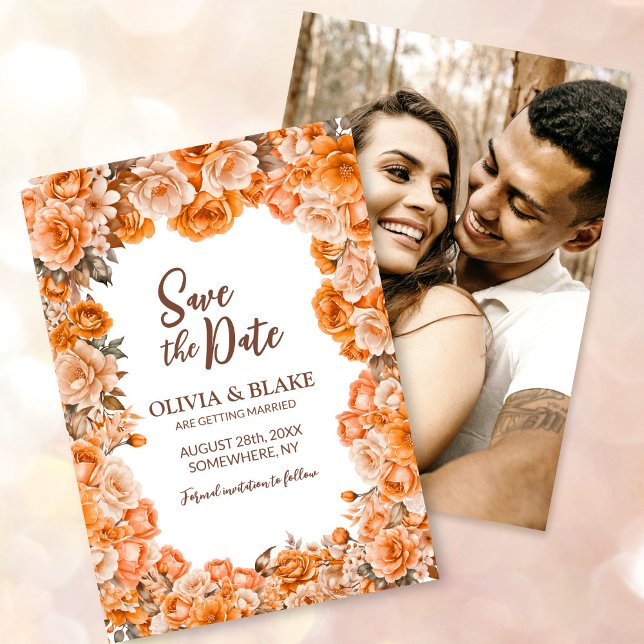 Reserve A Data Casamento Floral de Rosa Laranja com Foto Personal (Criador carregado)