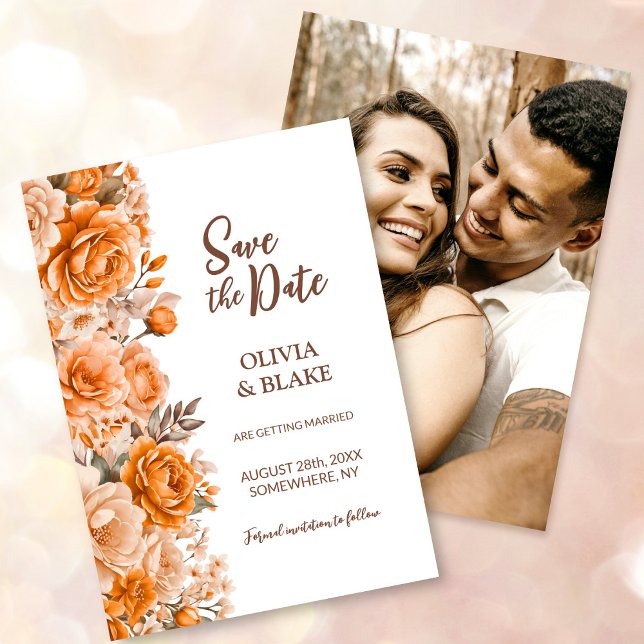 Reserve A Data Casamento Floral de Rosa Laranja com Foto Personal (Criador carregado)